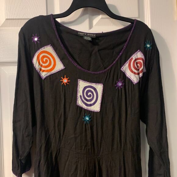 Papy Boez Women's Art to Wear Midi Dress One Size Black Embroidered Mirrors Boho - Picture 3 of 8